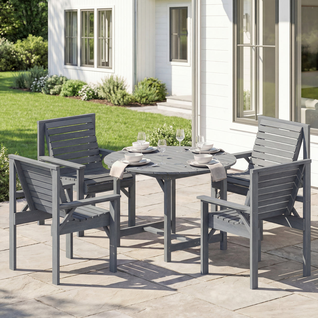 Fir Wood 5 Pieces Round Garden Dining Set With Parasol Hole - Velmora