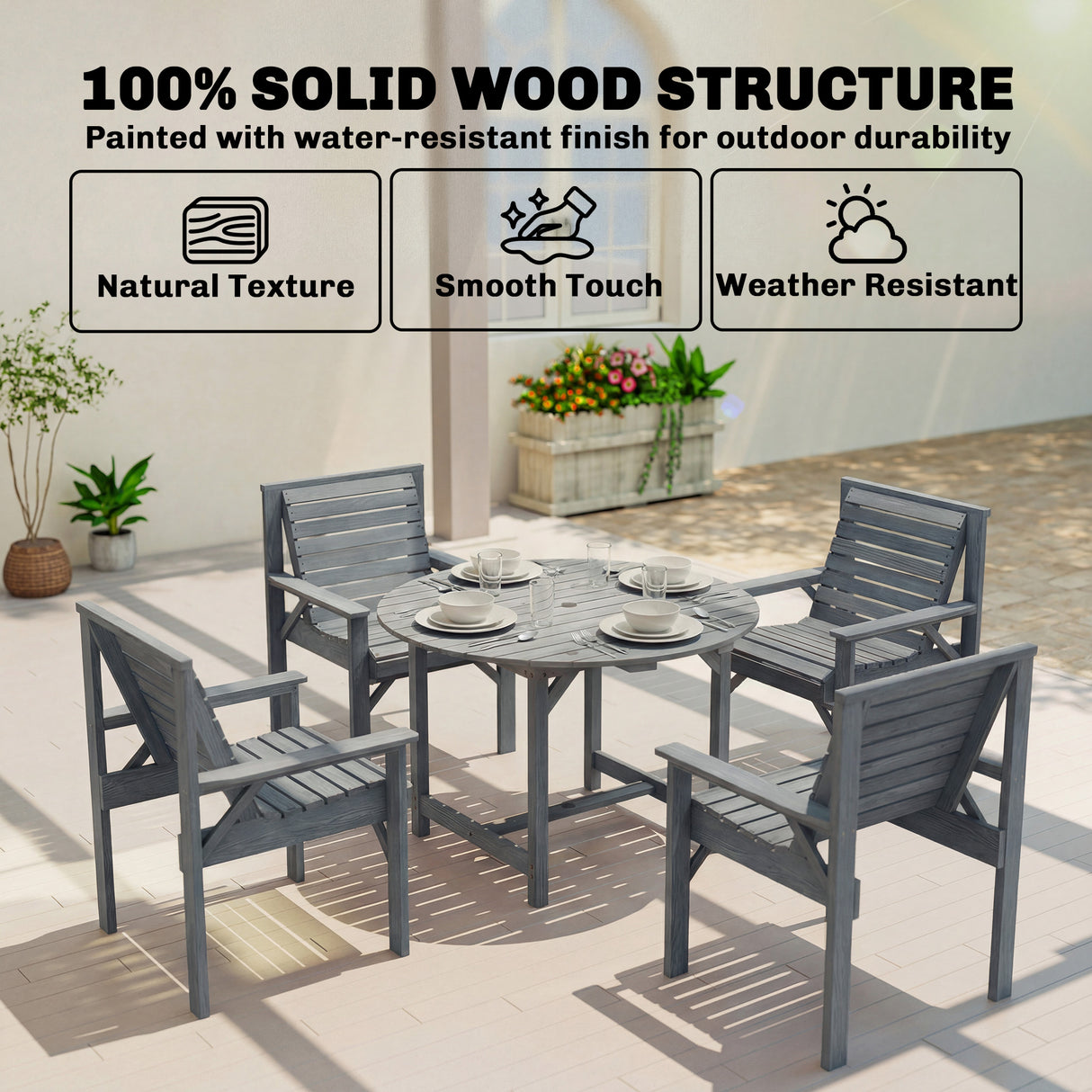 Fir Wood 5 Pieces Round Garden Dining Set With Parasol Hole - Velmora