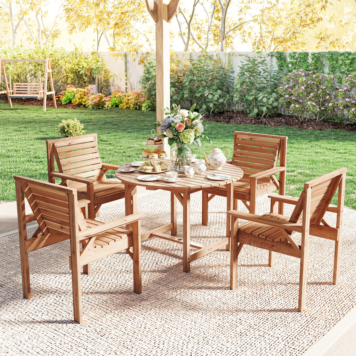 Fir Wood 5 Pieces Round Garden Dining Set With Parasol Hole - Velmora