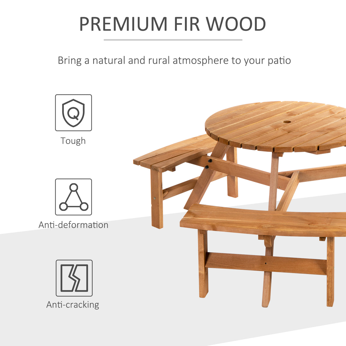 Fir Wood 6 Seater Round Garden Dining Set With Matching Bench - Velmora