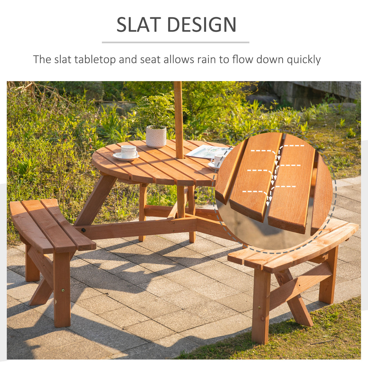 Fir Wood 6 Seater Round Garden Dining Set With Matching Bench - Velmora