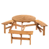 Fir Wood 6 Seater Round Garden Dining Set With Matching Bench - Velmora