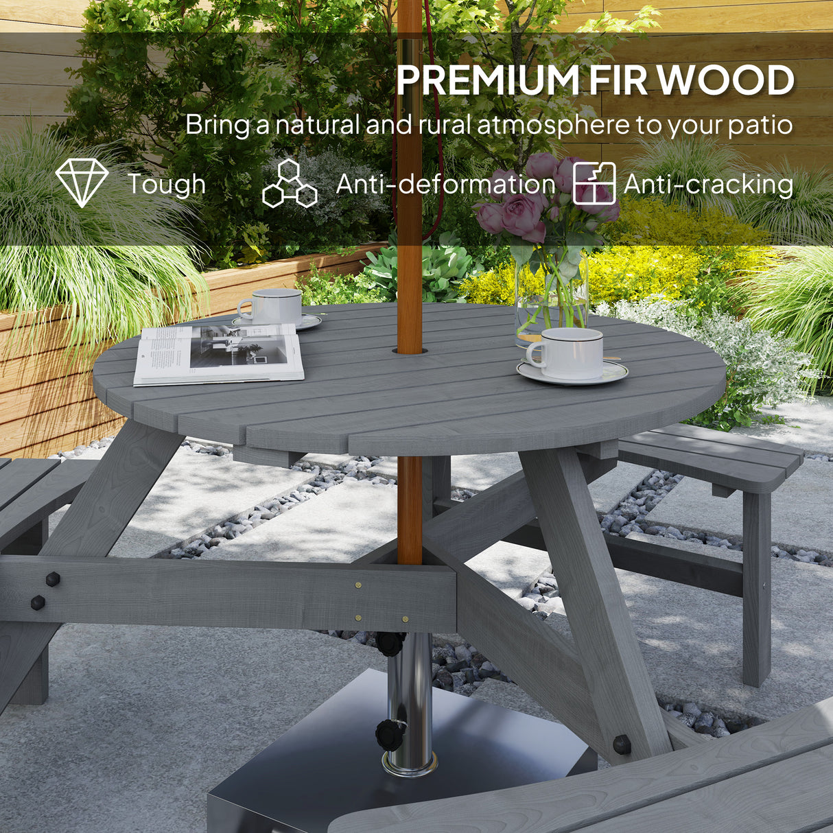 Fir Wood 6 Seater Round Garden Dining Set With Matching Bench - Velmora