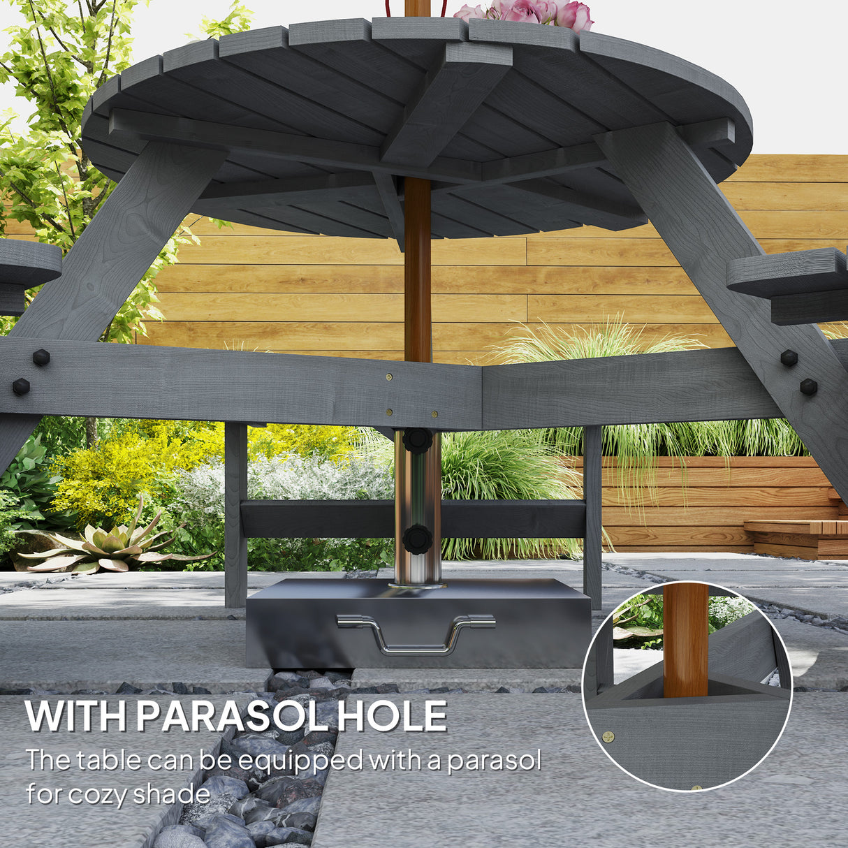 Fir Wood 6 Seater Round Garden Dining Set With Matching Bench - Velmora