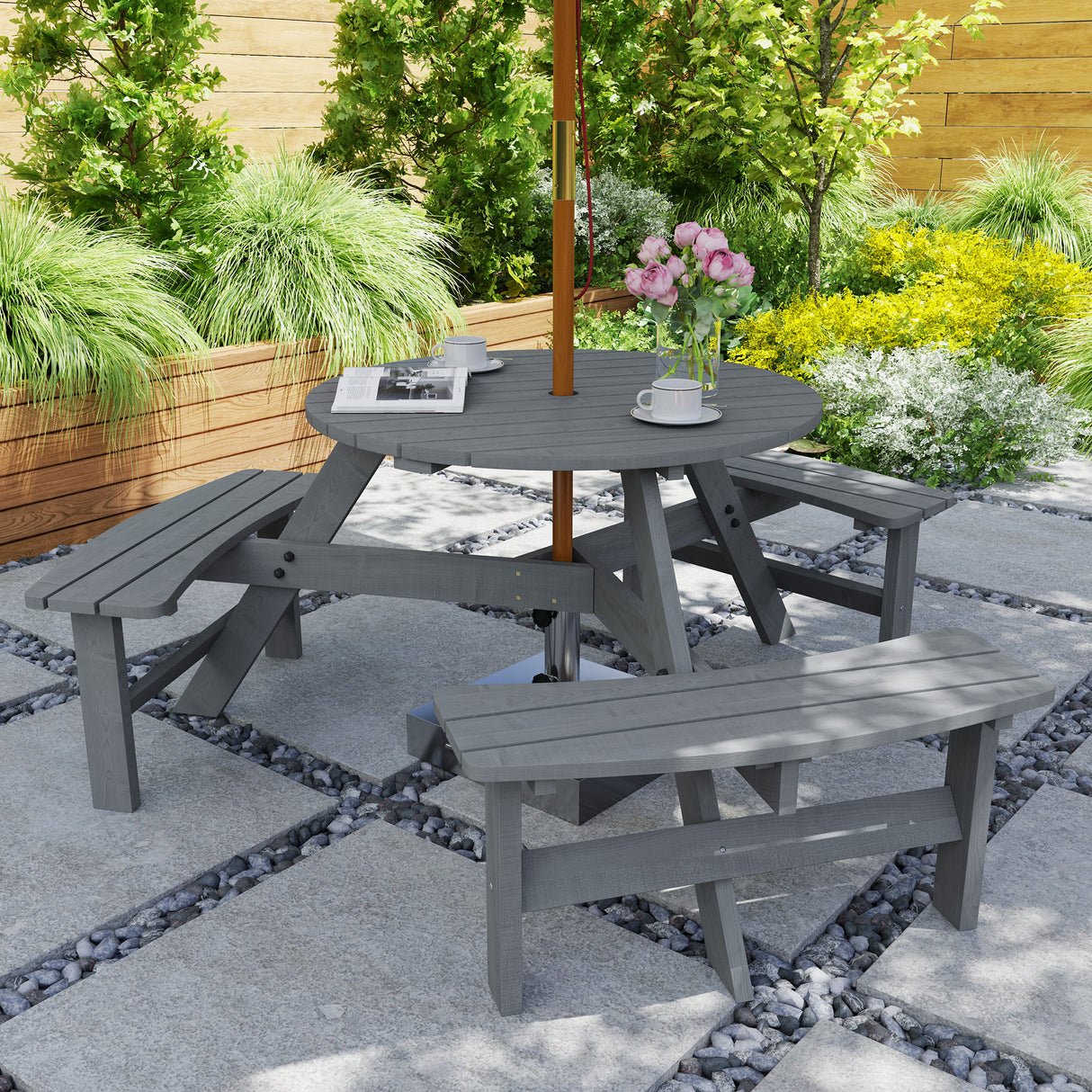 Fir Wood 6 Seater Round Garden Dining Set With Matching Bench - Velmora