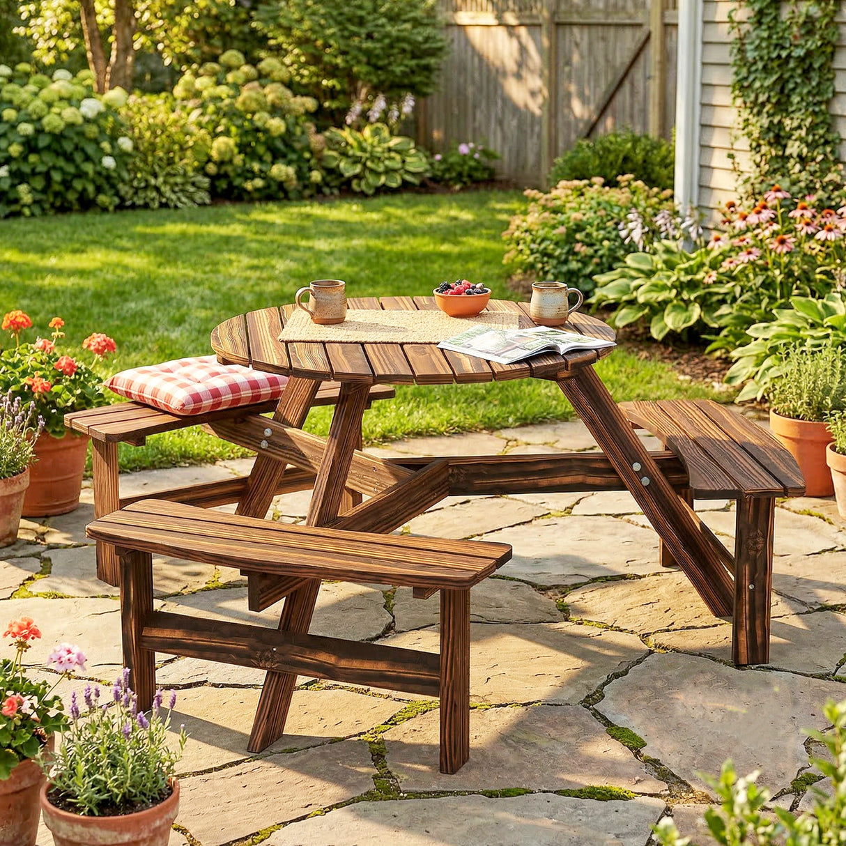 Fir Wood 6 Seater Round Garden Dining Set With Matching Bench - Velmora