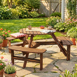 Fir Wood 6 Seater Round Garden Dining Set With Matching Bench - Velmora
