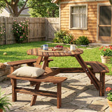 Fir Wood 6 Seater Round Garden Dining Set With Matching Bench - Velmora