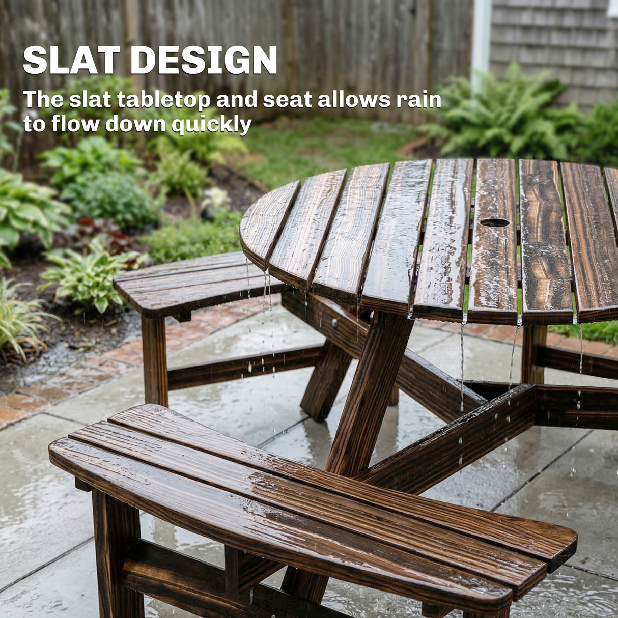 Fir Wood 6 Seater Round Garden Dining Set With Matching Bench - Velmora