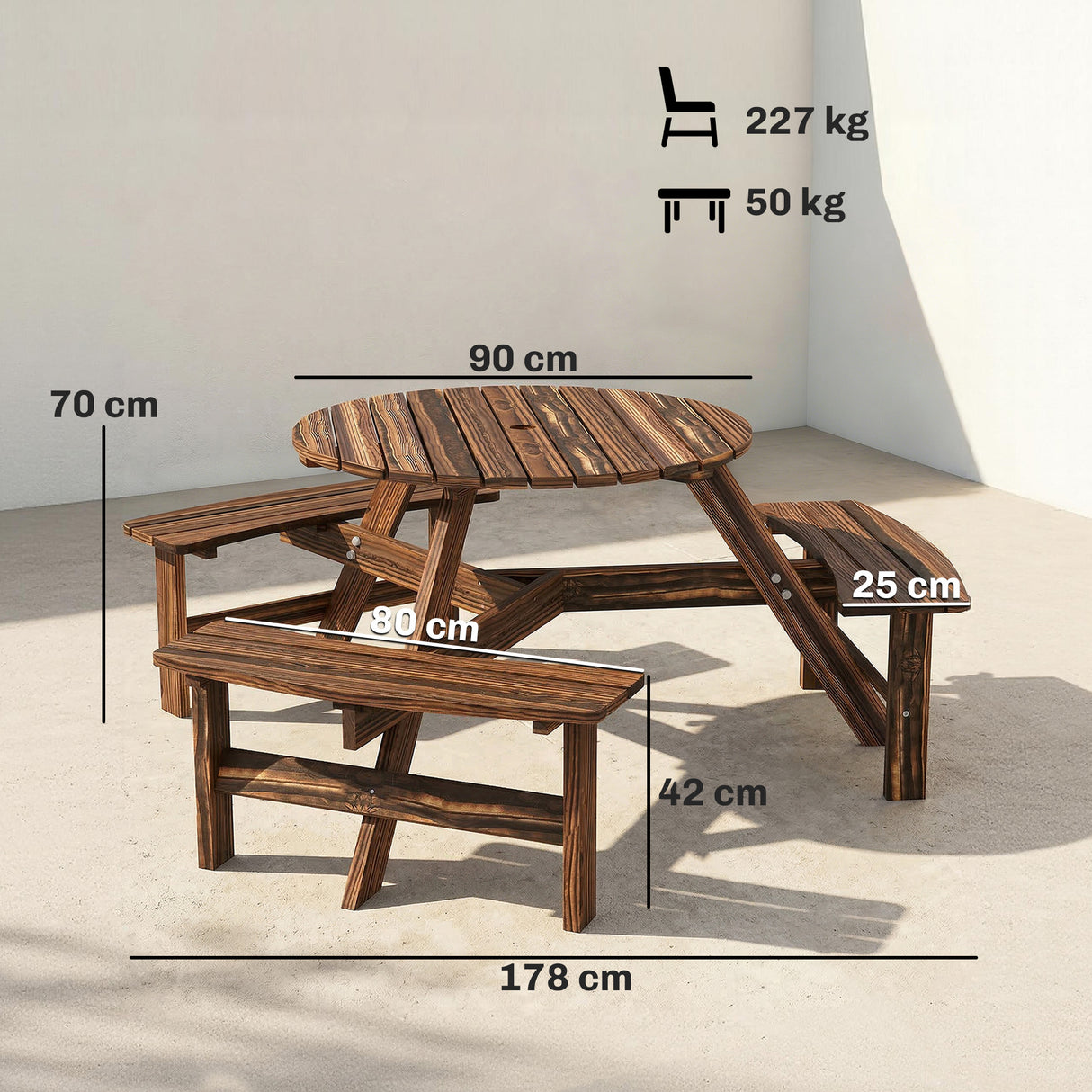 Fir Wood 6 Seater Round Garden Dining Set With Matching Bench - Velmora
