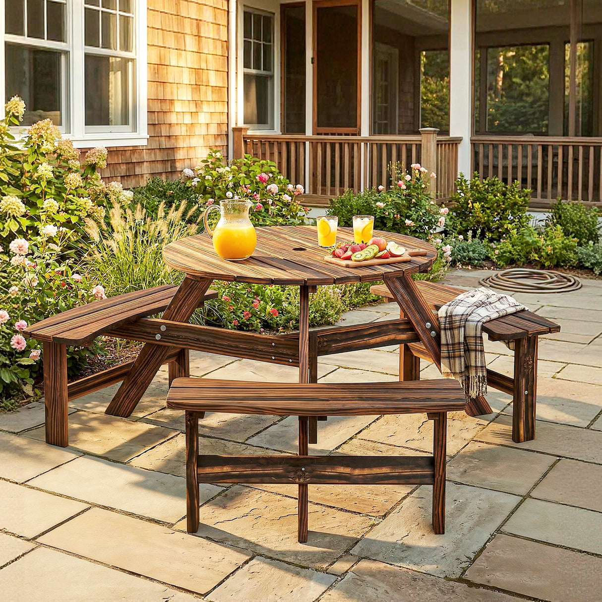 Fir Wood 6 Seater Round Garden Dining Set With Matching Bench - Velmora