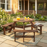 Fir Wood 6 Seater Round Garden Dining Set With Matching Bench - Velmora