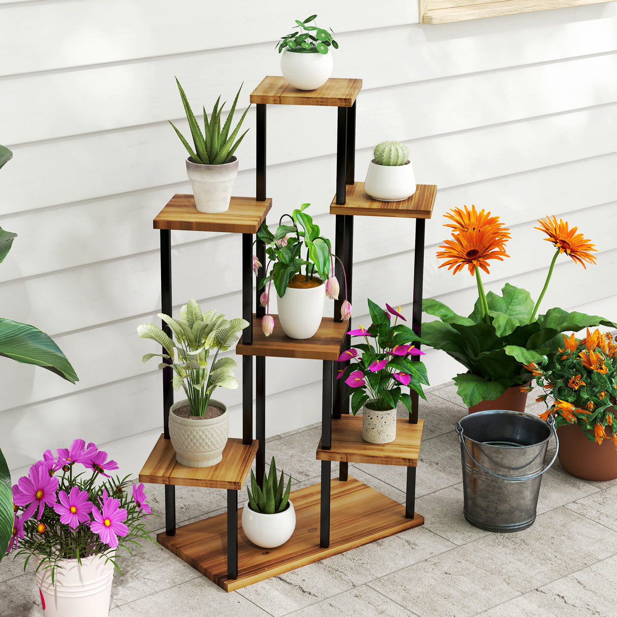 Fir Wood 7 Tier Plant Stand 87cm Wide With Metal Frame - Velmora