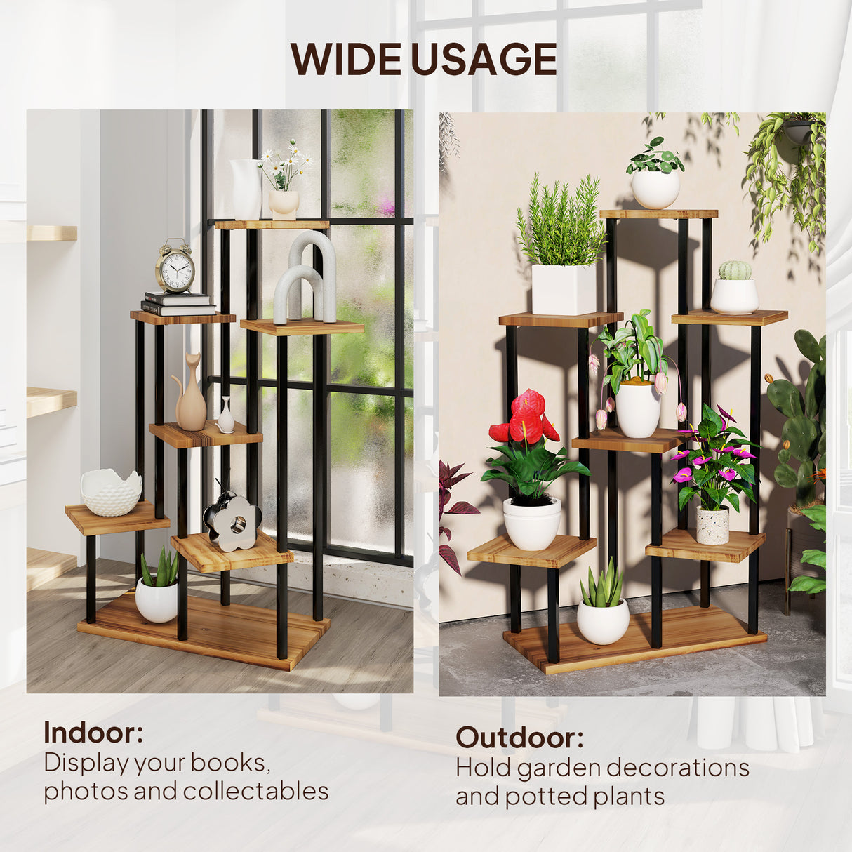 Fir Wood 7 Tier Plant Stand 87cm Wide With Metal Frame - Velmora