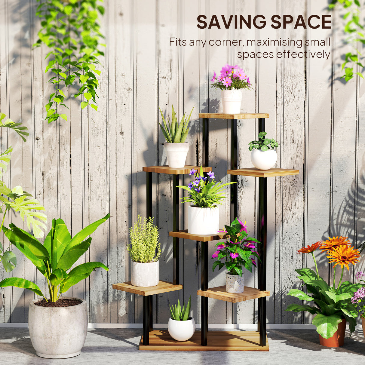 Fir Wood 7 Tier Plant Stand 87cm Wide With Metal Frame - Velmora