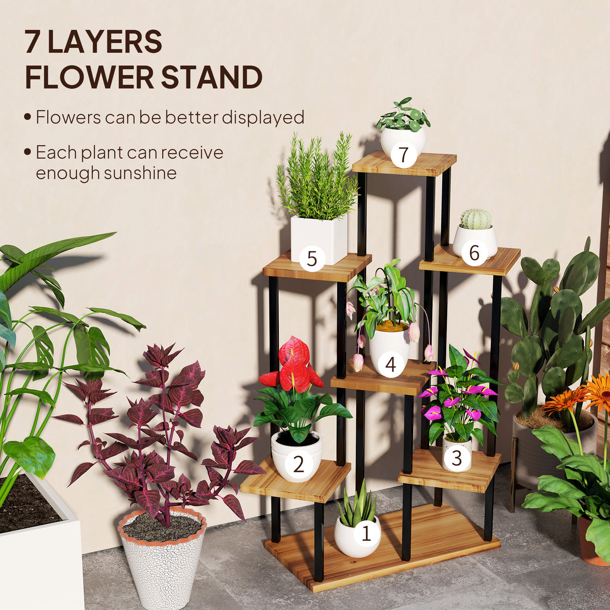 Fir Wood 7 Tier Plant Stand 87cm Wide With Metal Frame - Velmora