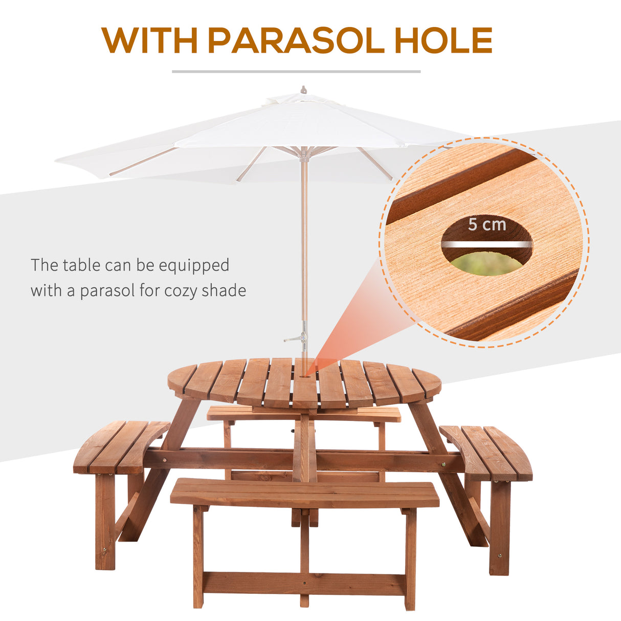 Fir Wood 8 Seater Wooden Picnic Garden Dining Set With Round Table - Velmora