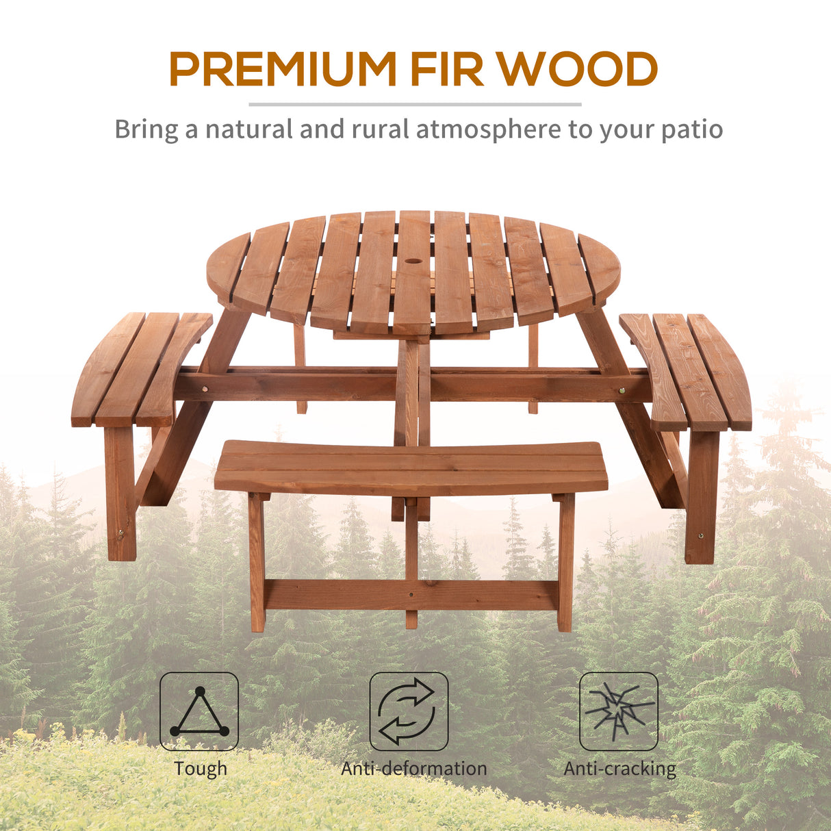 Fir Wood 8 Seater Wooden Picnic Garden Dining Set With Round Table - Velmora
