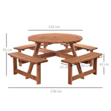 Fir Wood 8 Seater Wooden Picnic Garden Dining Set With Round Table - Velmora