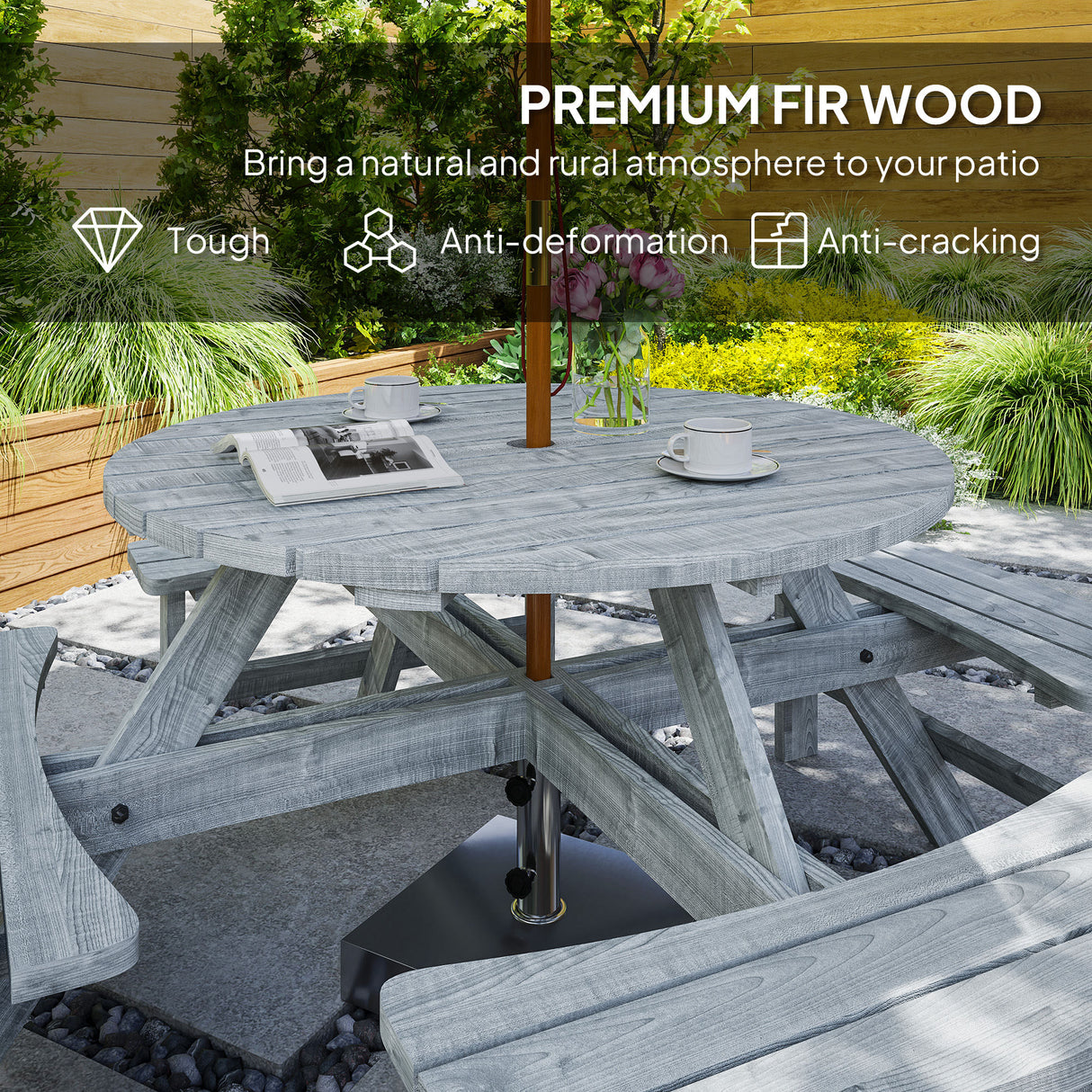 Fir Wood 8 Seater Wooden Picnic Garden Dining Set With Round Table - Velmora