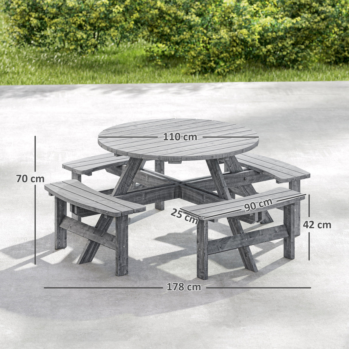 Fir Wood 8 Seater Wooden Picnic Garden Dining Set With Round Table - Velmora