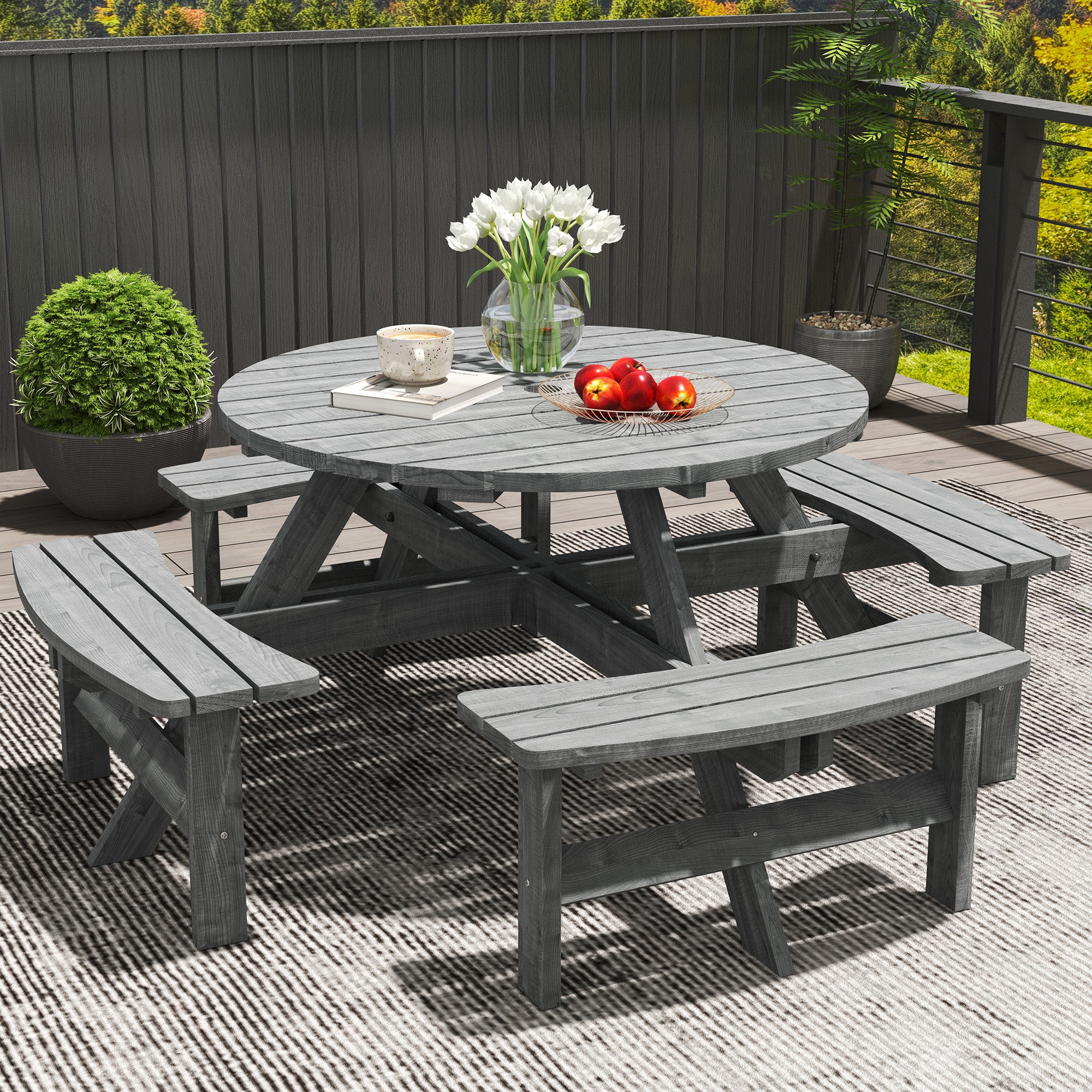 Fir Wood 8 Seater Wooden Picnic Garden Dining Set With Round Table - Velmora