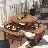 Fir Wood 8 Seater Wooden Picnic Garden Dining Set With Round Table - Velmora