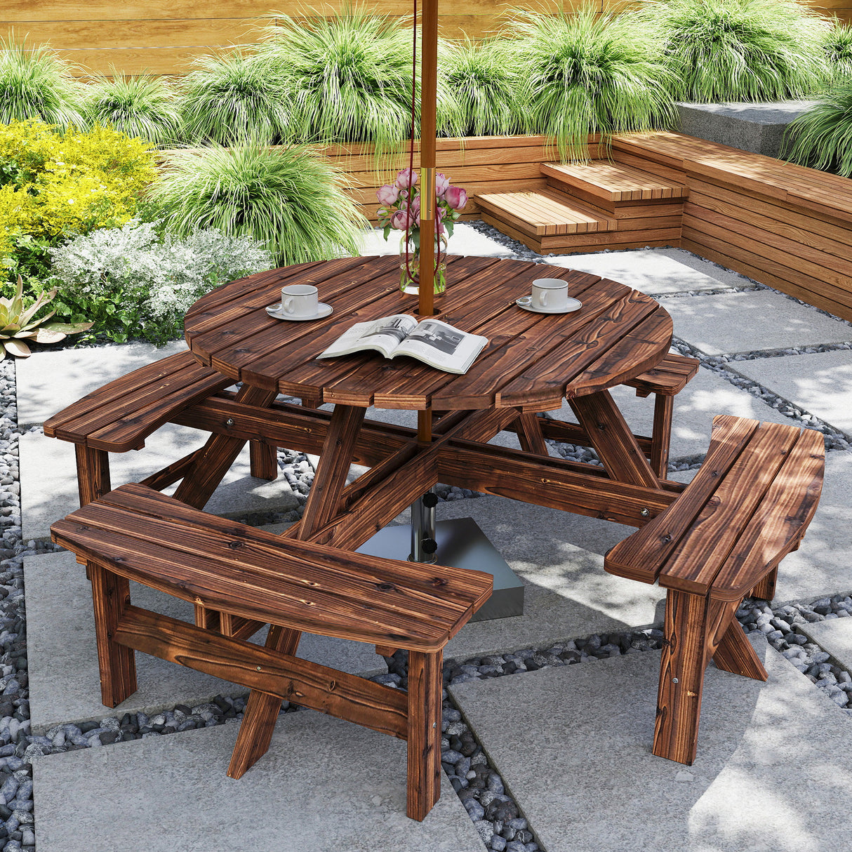 Fir Wood 8 Seater Wooden Picnic Garden Dining Set With Round Table - Velmora