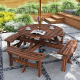 Fir Wood 8 Seater Wooden Picnic Garden Dining Set With Round Table - Velmora