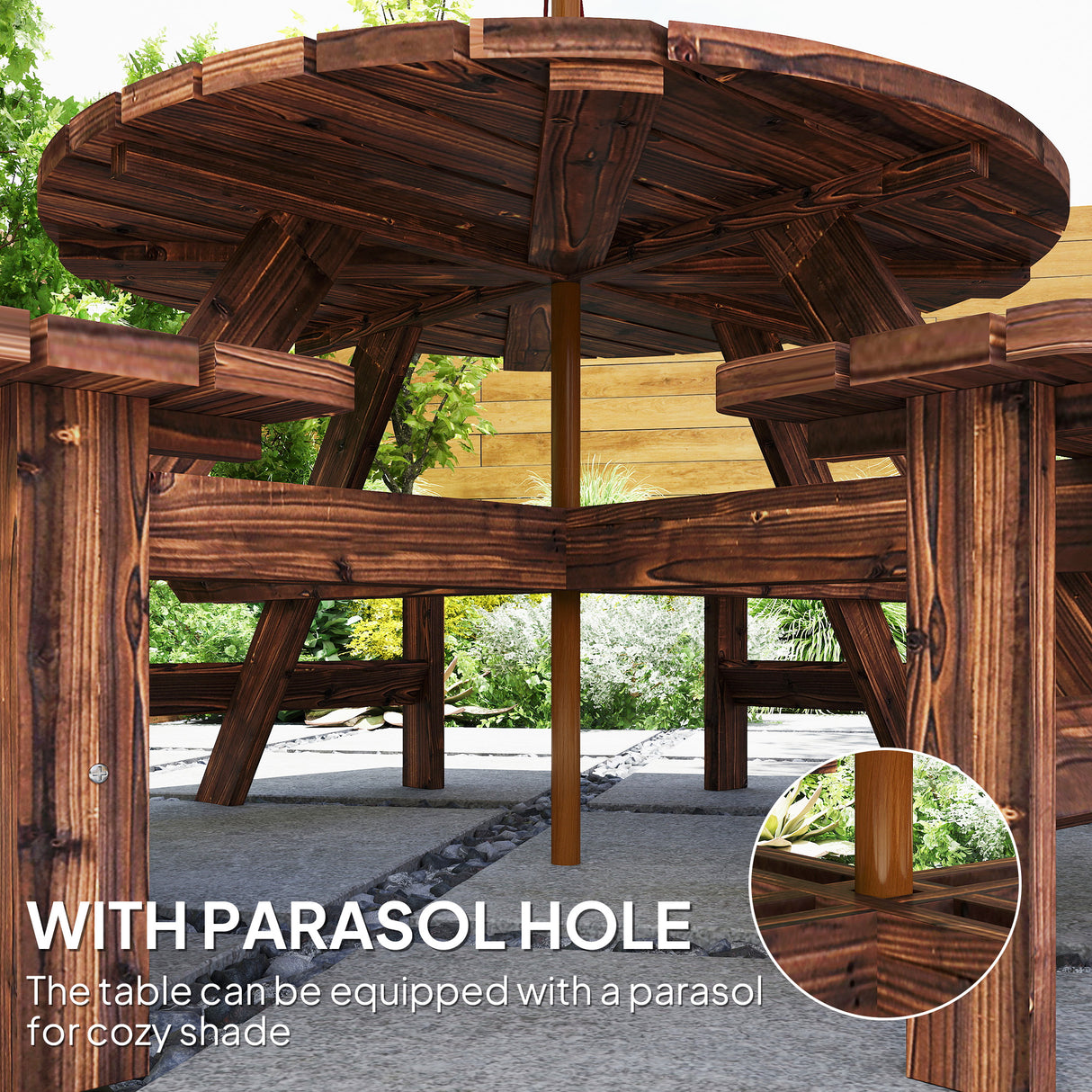 Fir Wood 8 Seater Wooden Picnic Garden Dining Set With Round Table - Velmora