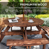 Fir Wood 8 Seater Wooden Picnic Garden Dining Set With Round Table - Velmora