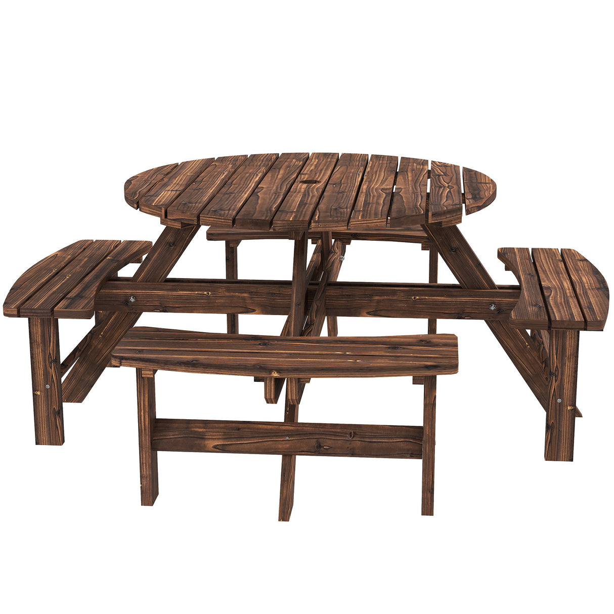 Fir Wood 8 Seater Wooden Picnic Garden Dining Set With Round Table - Velmora