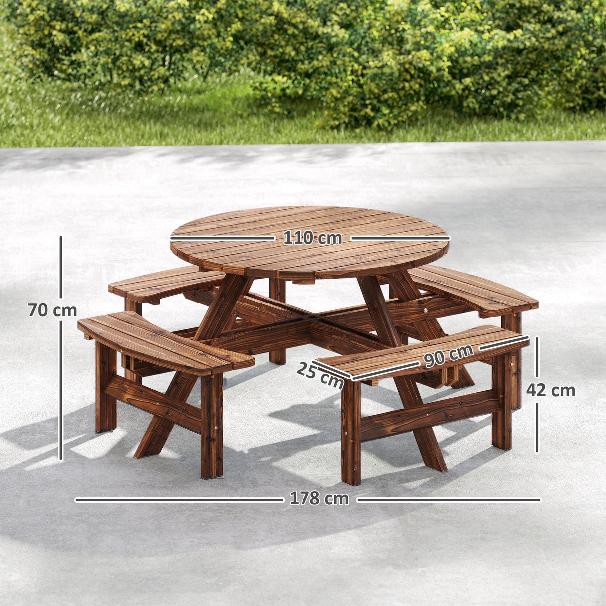 Fir Wood 8 Seater Wooden Picnic Garden Dining Set With Round Table - Velmora