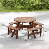 Fir Wood 8 Seater Wooden Picnic Garden Dining Set With Round Table - Velmora