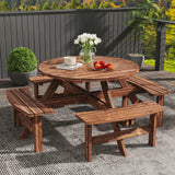 Fir Wood 8 Seater Wooden Picnic Garden Dining Set With Round Table - Velmora
