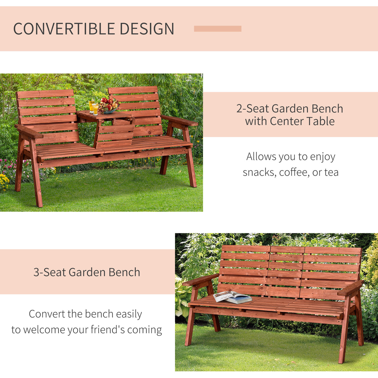 Fir Wood Convertible 2 to 3 Seater Outdoor Garden Bench - Velmora
