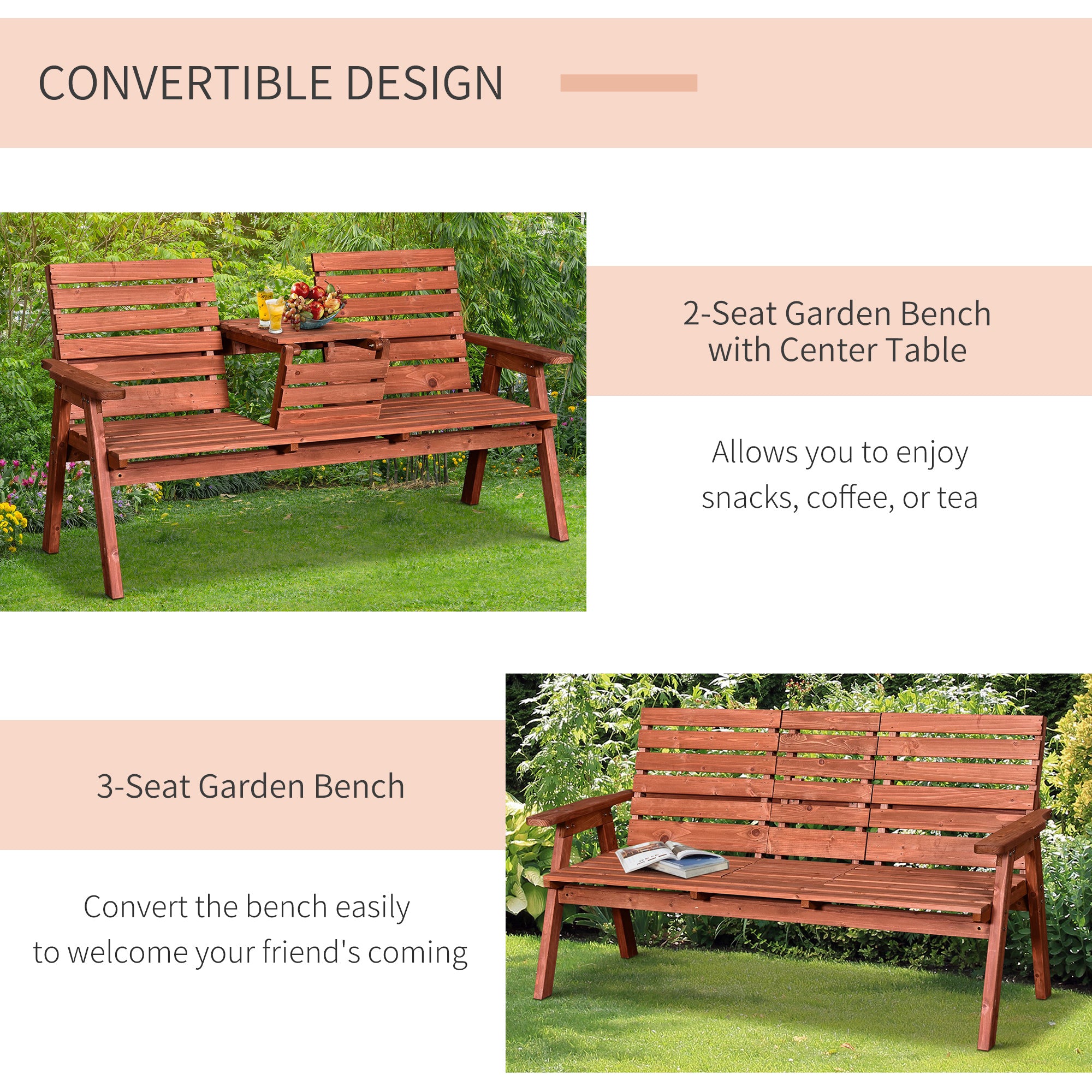 Fir Wood Convertible 2 to 3 Seater Outdoor Garden Bench - Velmora