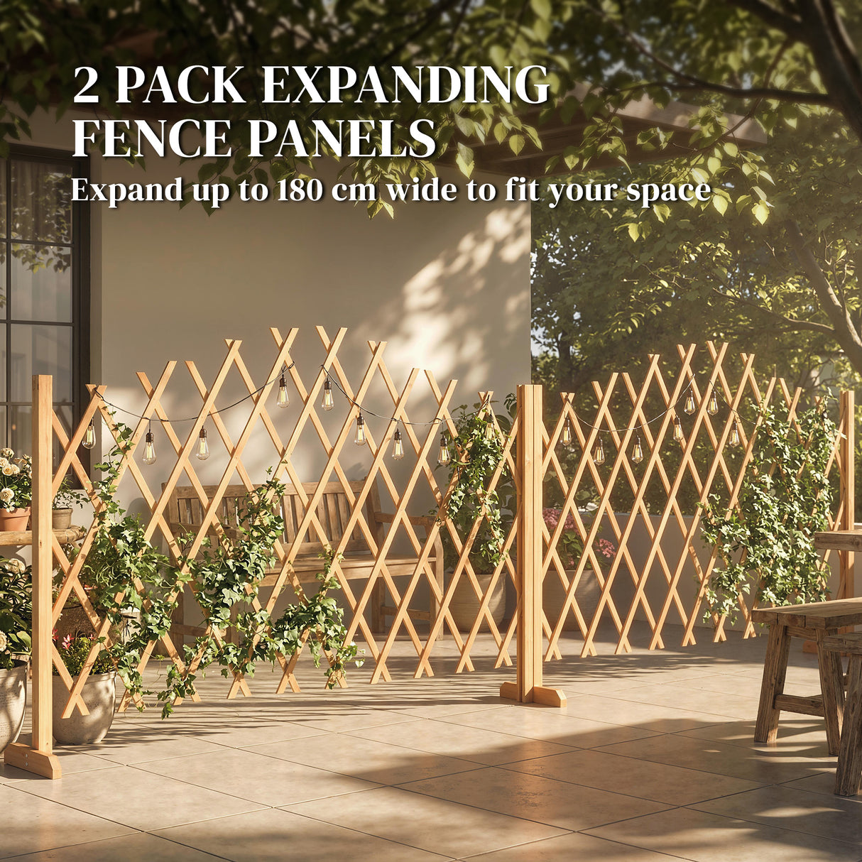Fir Wood Expanding Garden Fence Panels 180cm Wide in Set Of 2 - Velmora