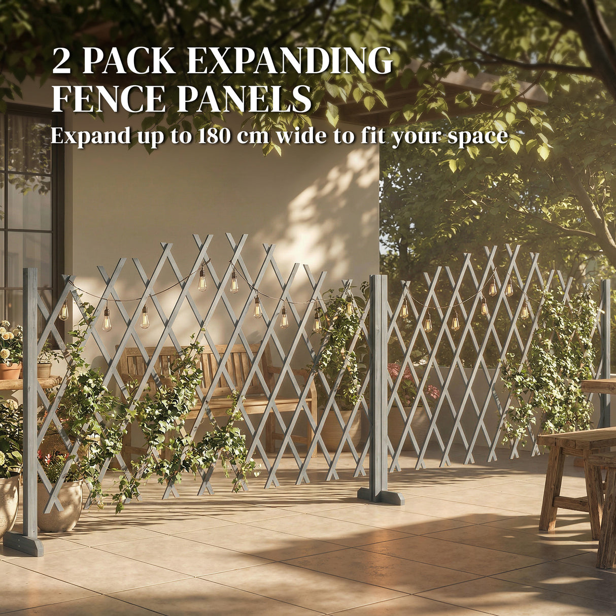 Fir Wood Expanding Garden Fence Panels 180cm Wide in Set Of 2 - Velmora