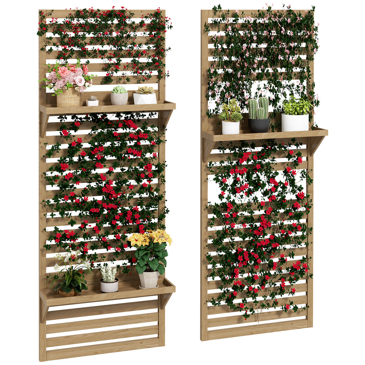 Fir Wood Flower Stand With Shelves 60cm Wide in Set Of 2 - Velmora