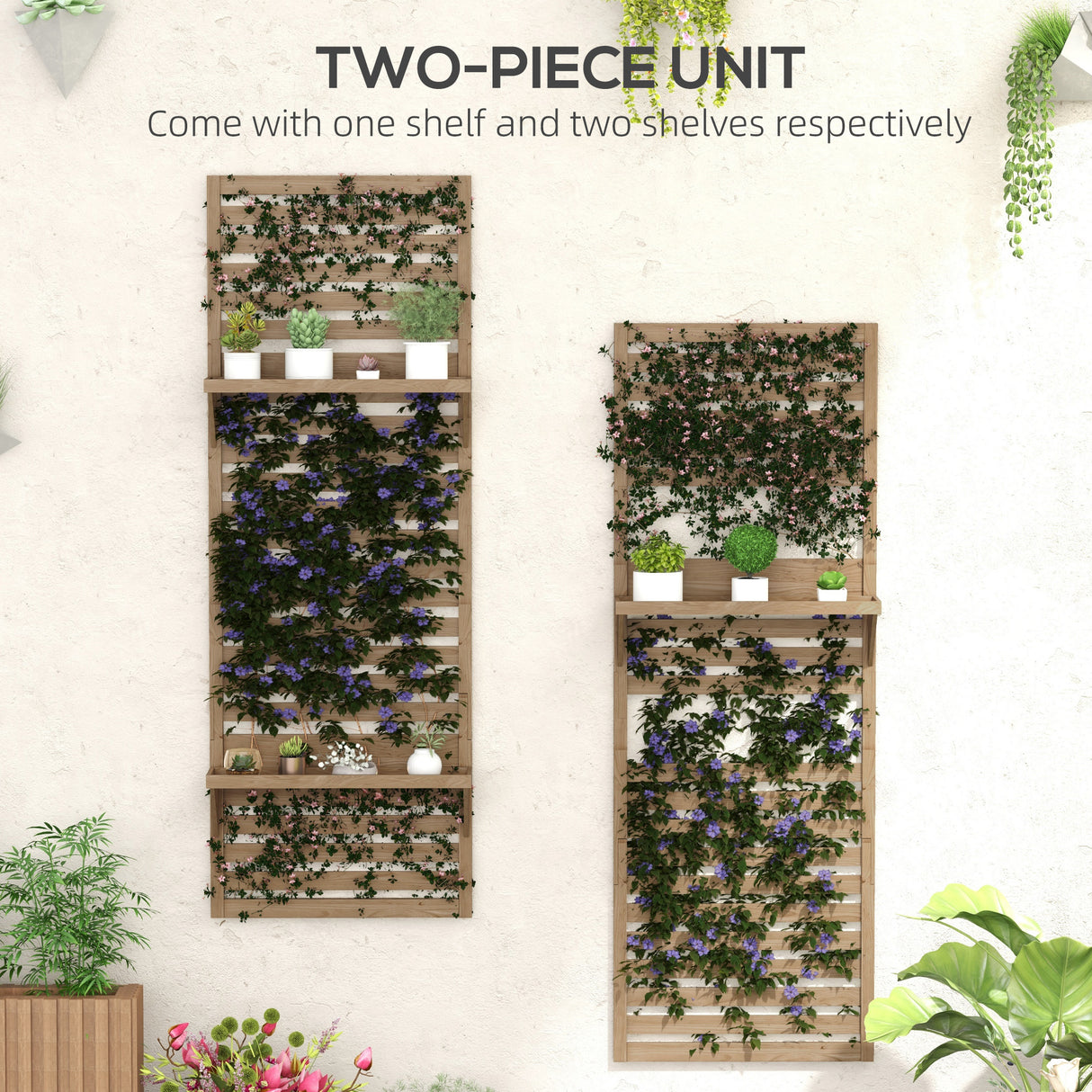 Fir Wood Flower Stand With Shelves 60cm Wide in Set Of 2 - Velmora