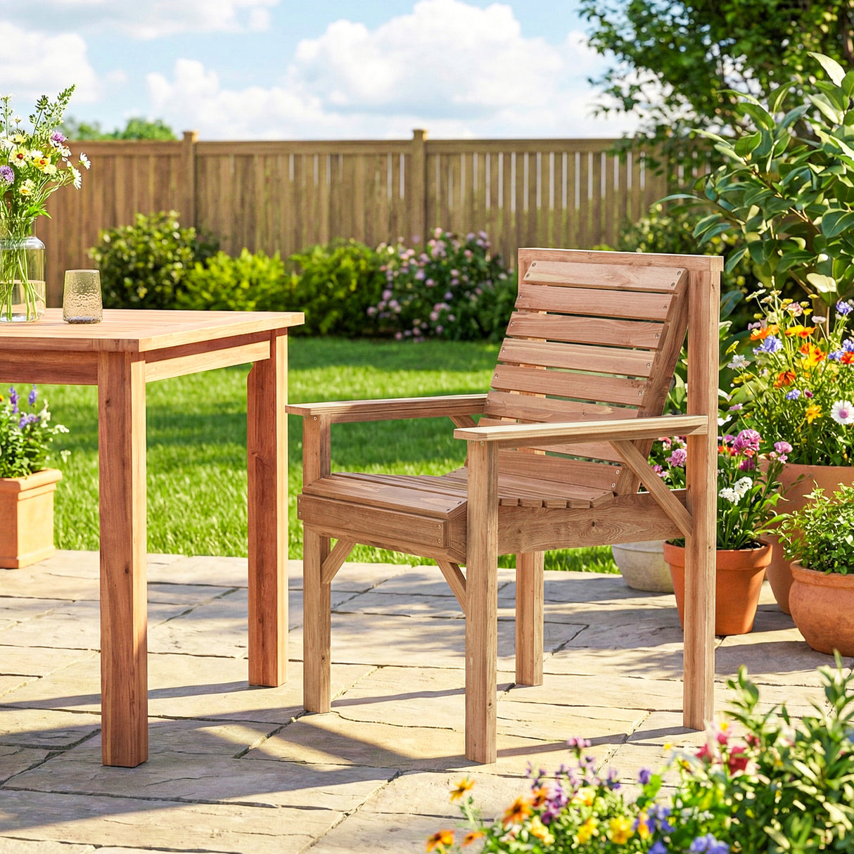 Fir Wood Garden Dining Chair With Curved Seat - Velmora