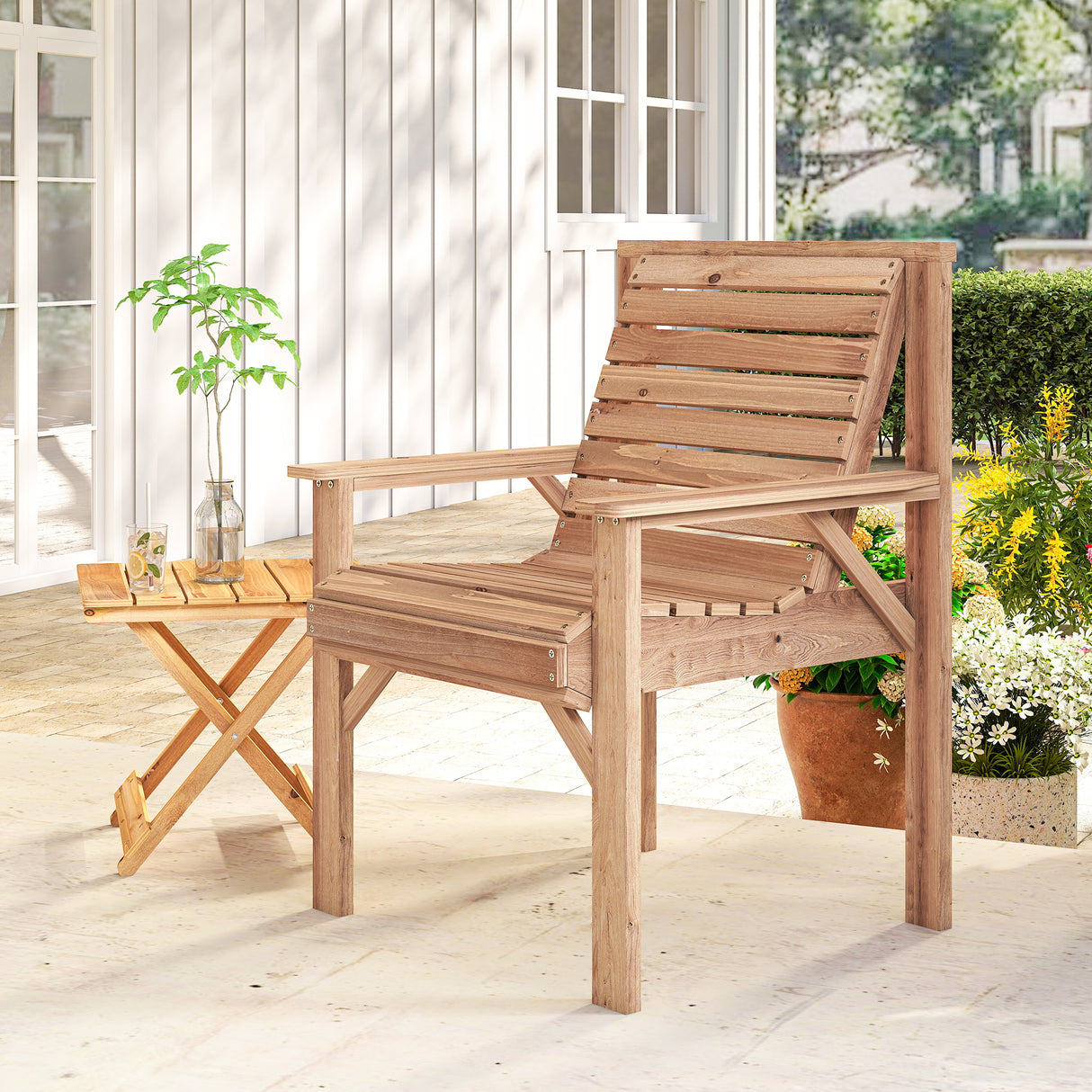 Fir Wood Garden Dining Chair With Curved Seat - Velmora