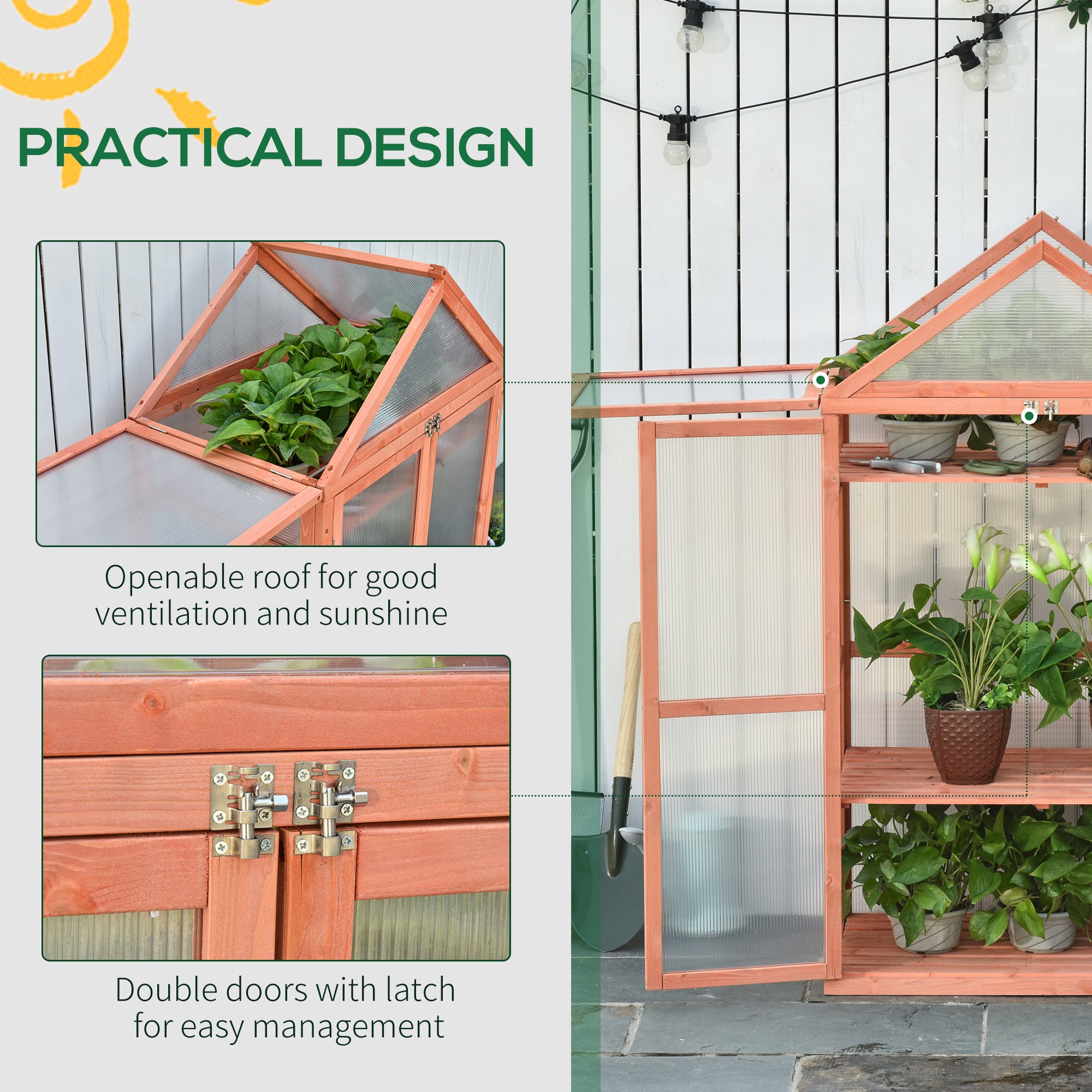 Fir Wood Garden Polycarbonate Greenhouse With 2 Doors - Velmora