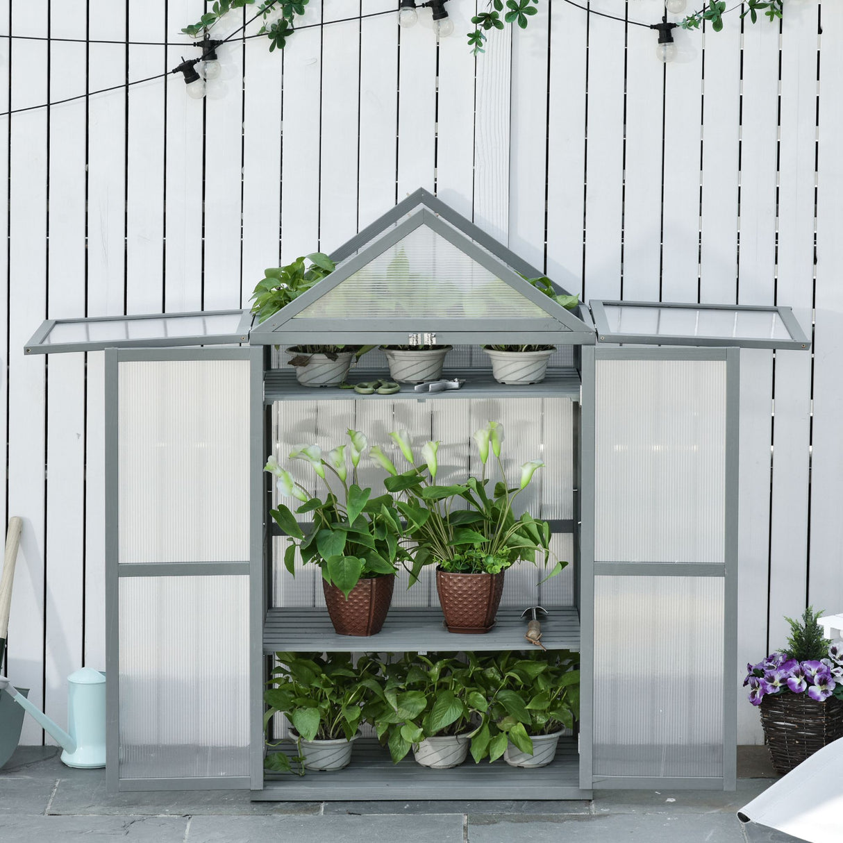 Fir Wood Garden Polycarbonate Greenhouse With 2 Doors - Velmora
