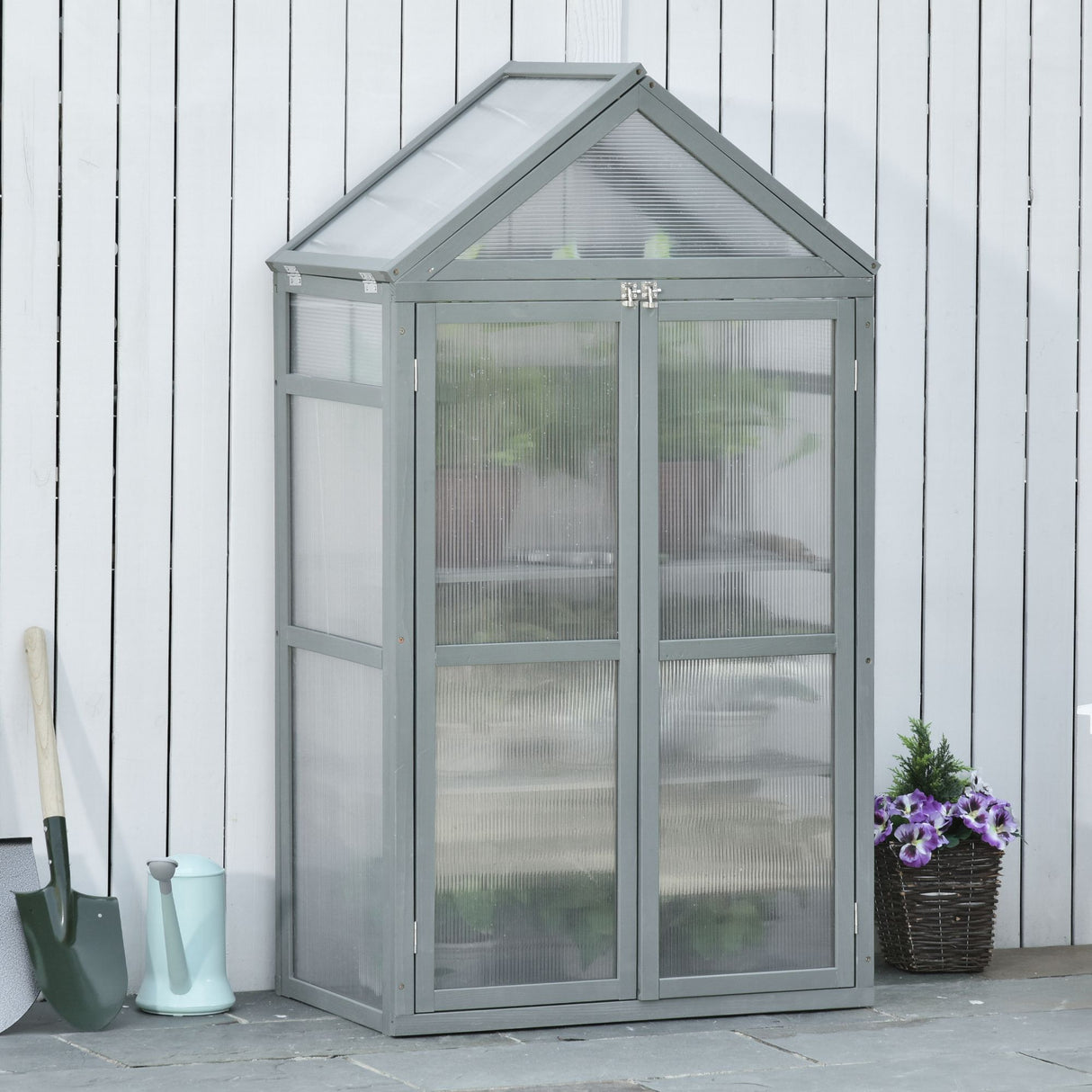 Fir Wood Garden Polycarbonate Greenhouse With 2 Doors - Velmora