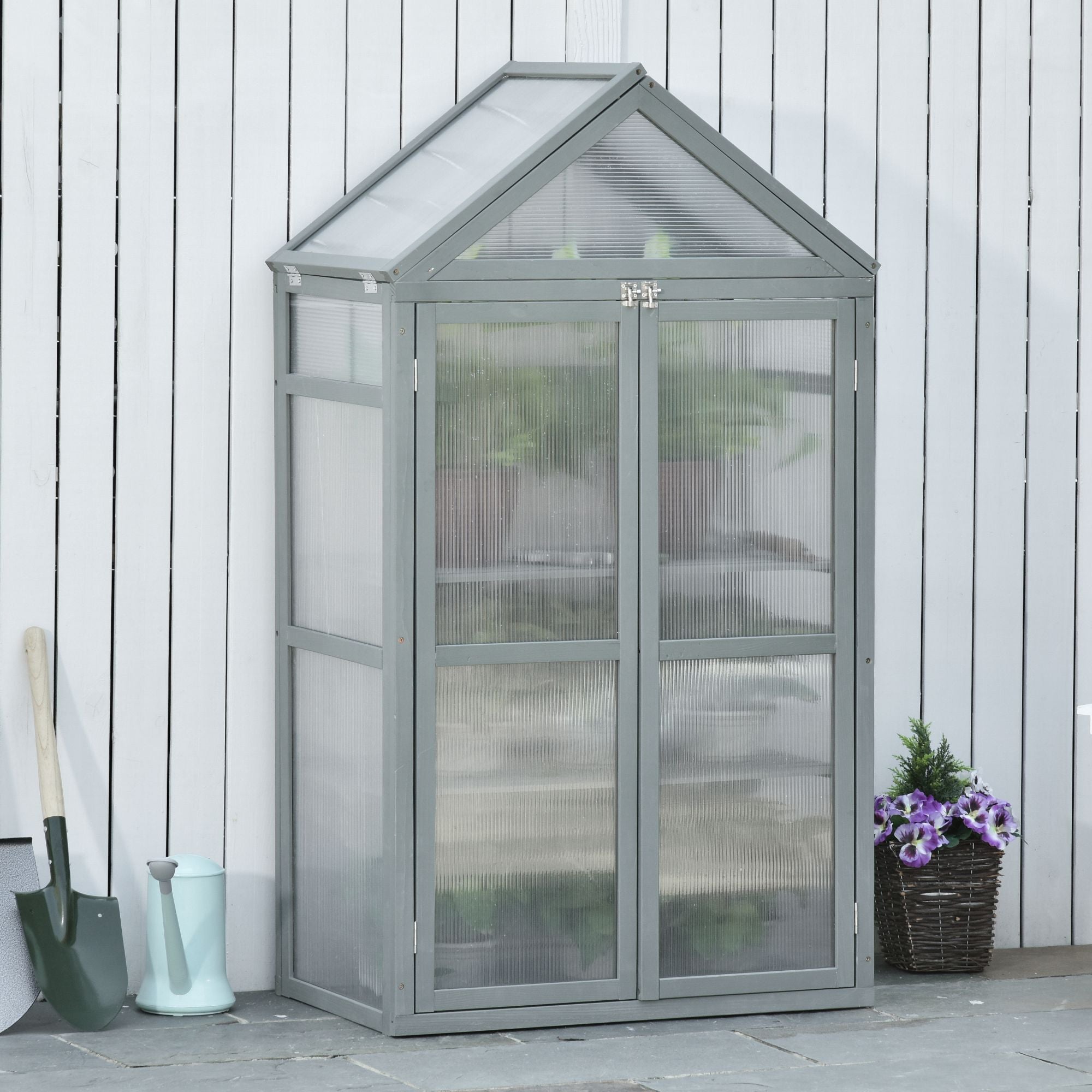 Fir Wood Garden Polycarbonate Greenhouse With 2 Doors - Velmora