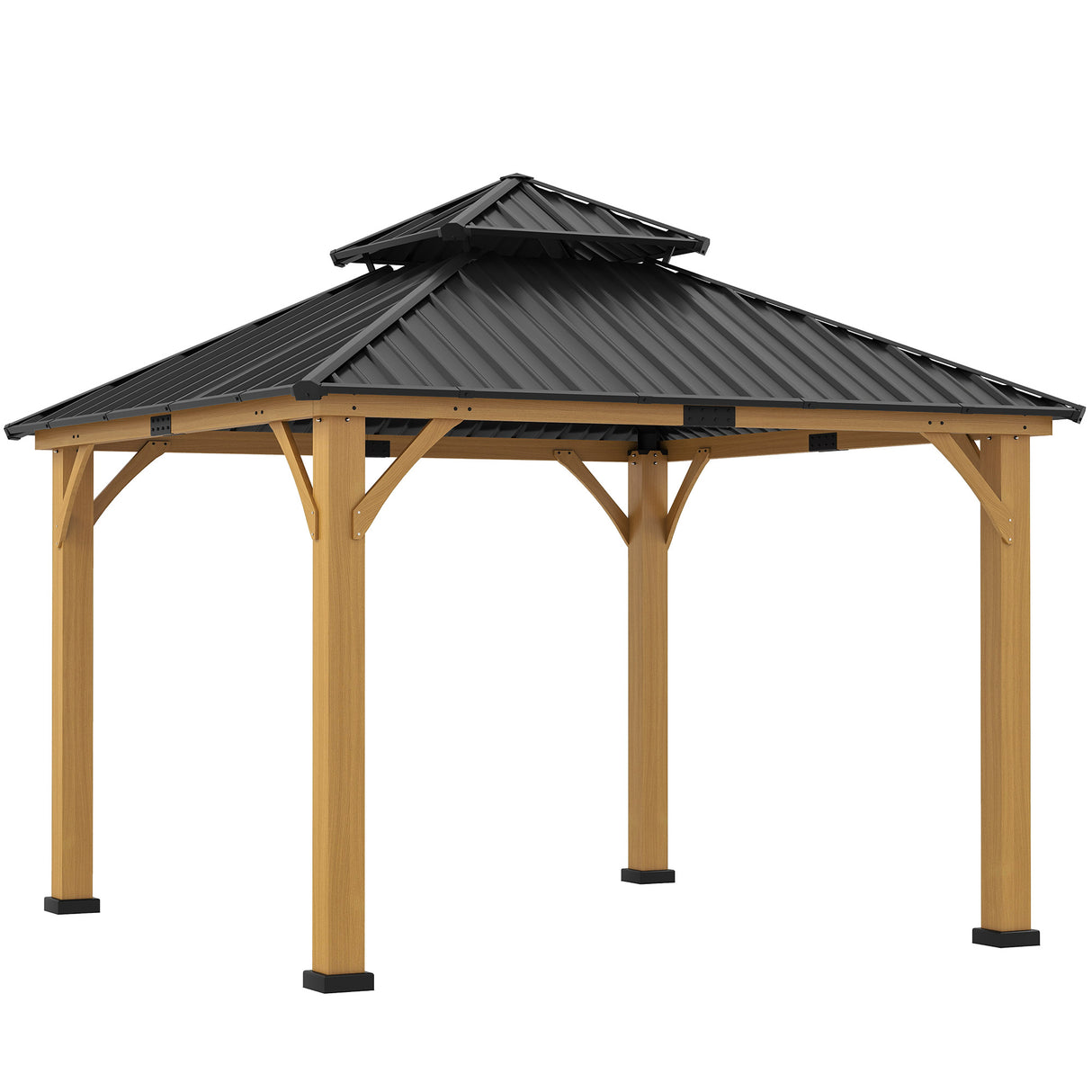 Fir Wood Hardtop Gazebo 340cm Width x 340cm Depth With Double Metal Roof - Velmora