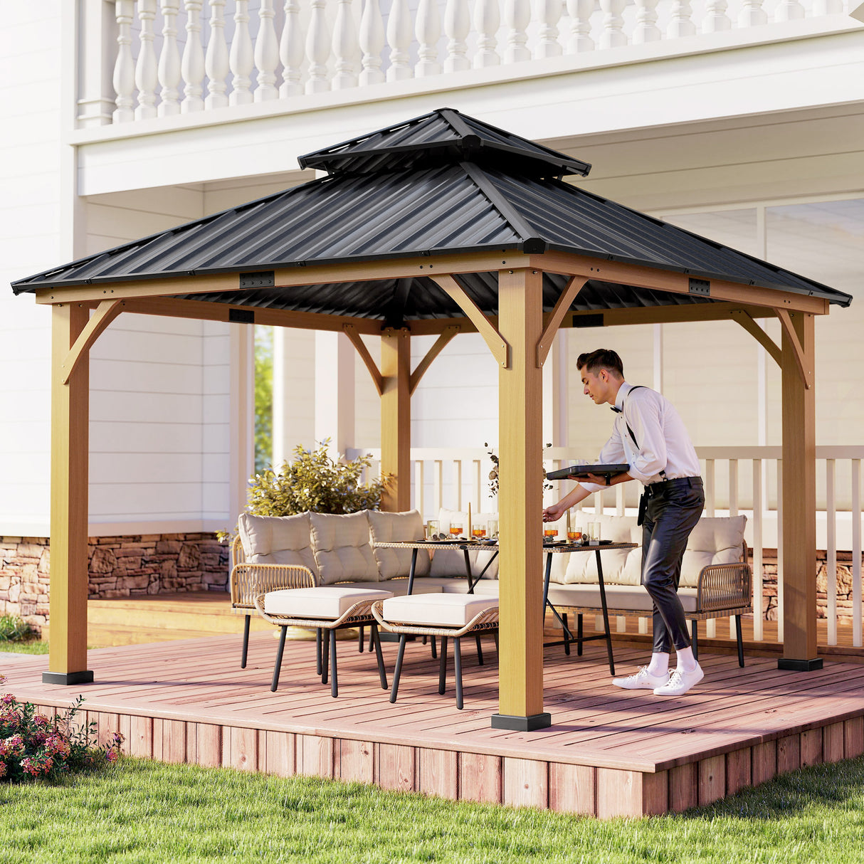 Fir Wood Hardtop Gazebo 340cm Width x 340cm Depth With Double Metal Roof - Velmora