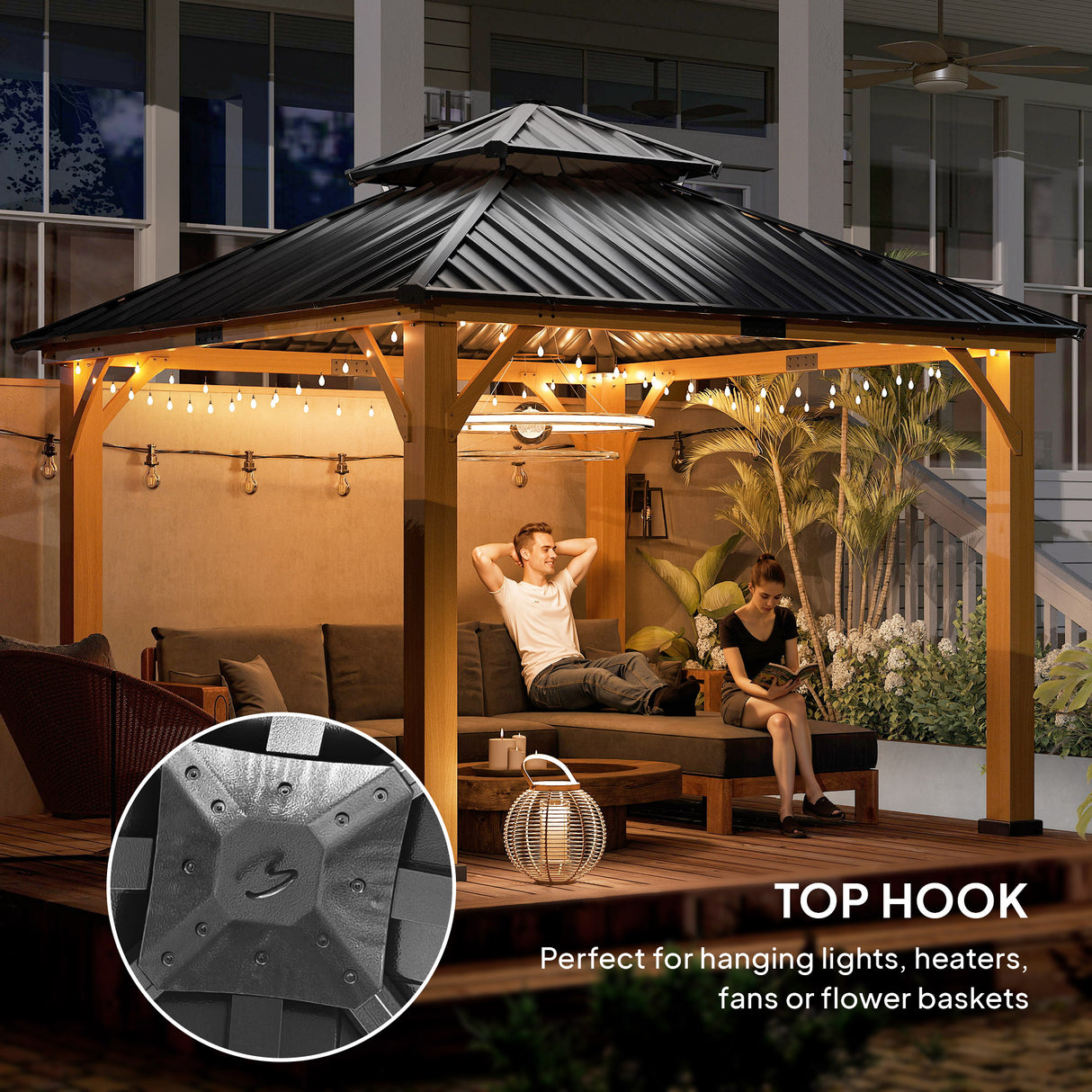 Fir Wood Hardtop Gazebo 340cm Width x 340cm Depth With Double Metal Roof - Velmora